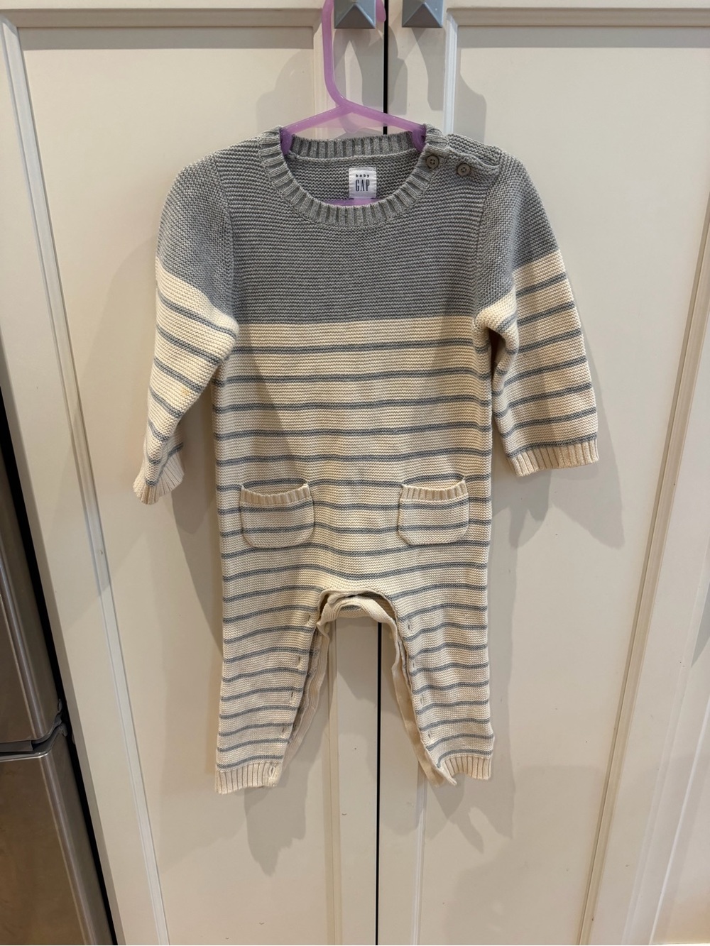 GAP 18-24m Baby Knit One-Piece romper in Gray and Cream Stripe